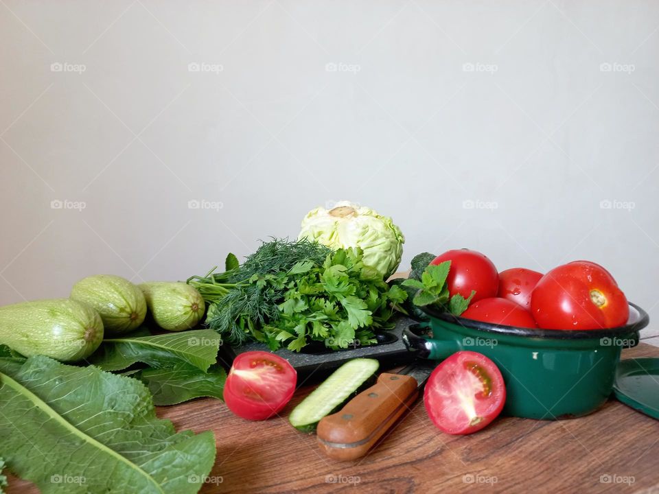 fresh vegetables on the table.