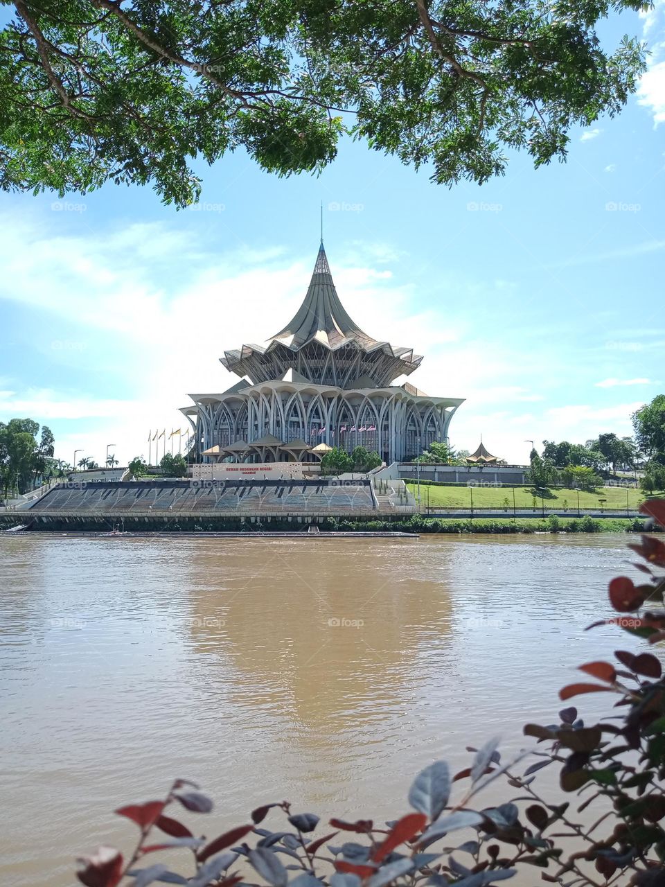 Sarawak river landscape and building.