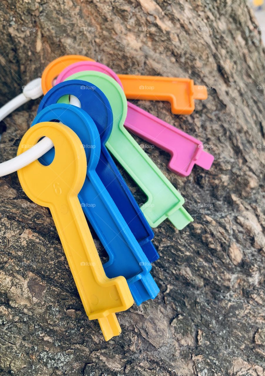 Six colorful toy plastic keys 