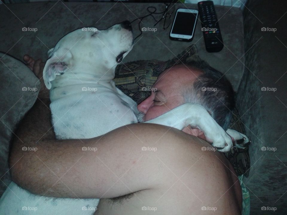 sleeping dog with its owner