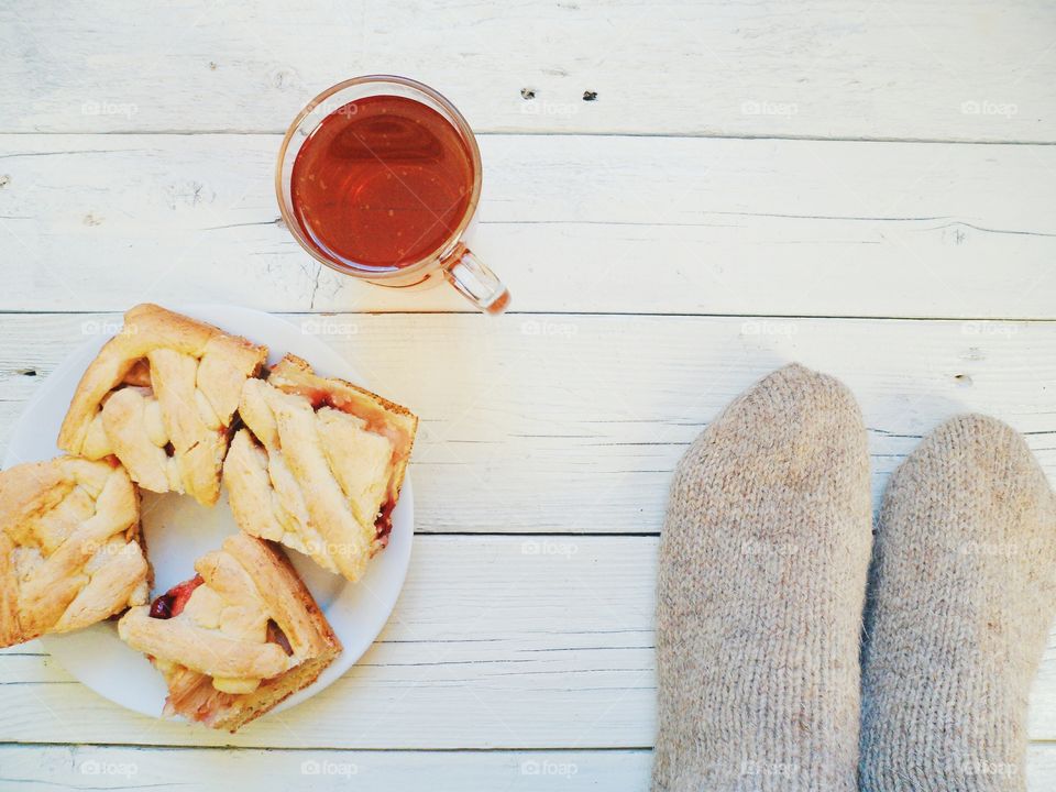 Homemade pie with cup of tea