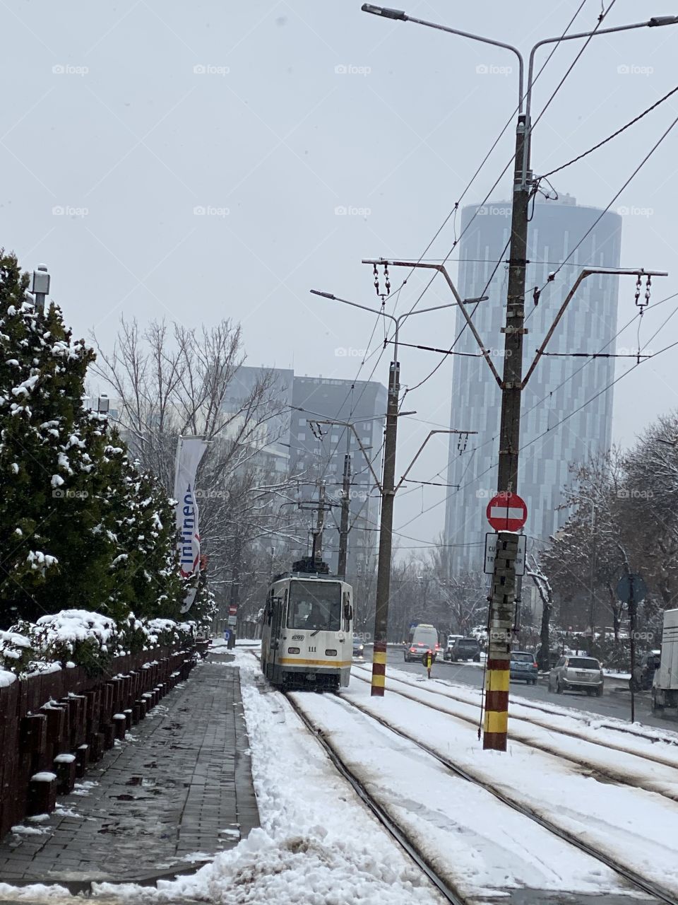 A snowy day and a tram