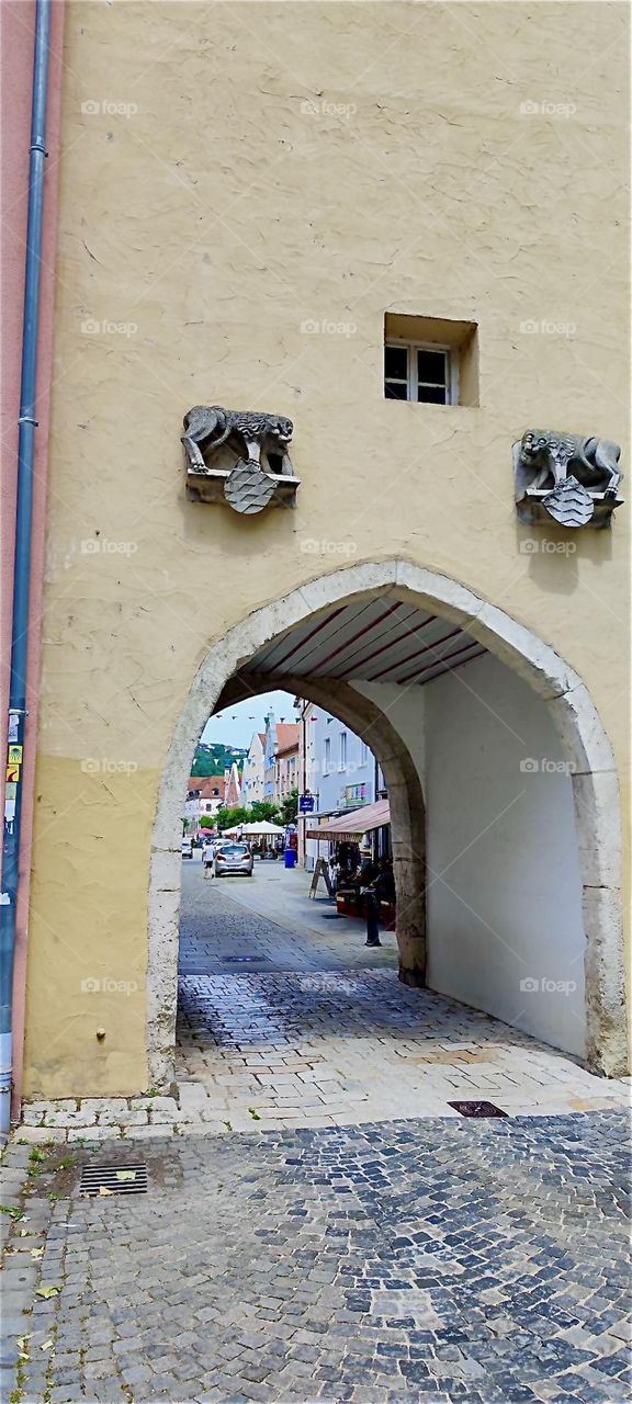 This is the “Danube Gate” in “Kelheim”, Bavaria on the “Danube” leading to the South of town. In medieval times customs were collected here. Two lion statues from the former castle of “Wittelsbach” were attached in 1913. 2024. Hypnotic Productions