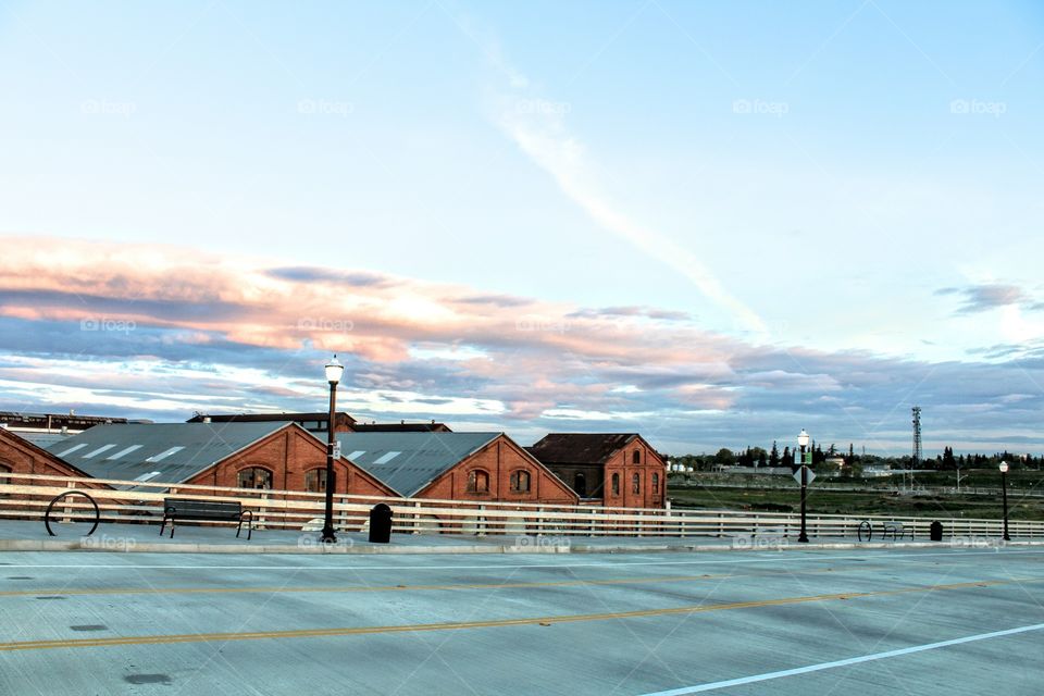 sunrise over downtown historic railroad yard