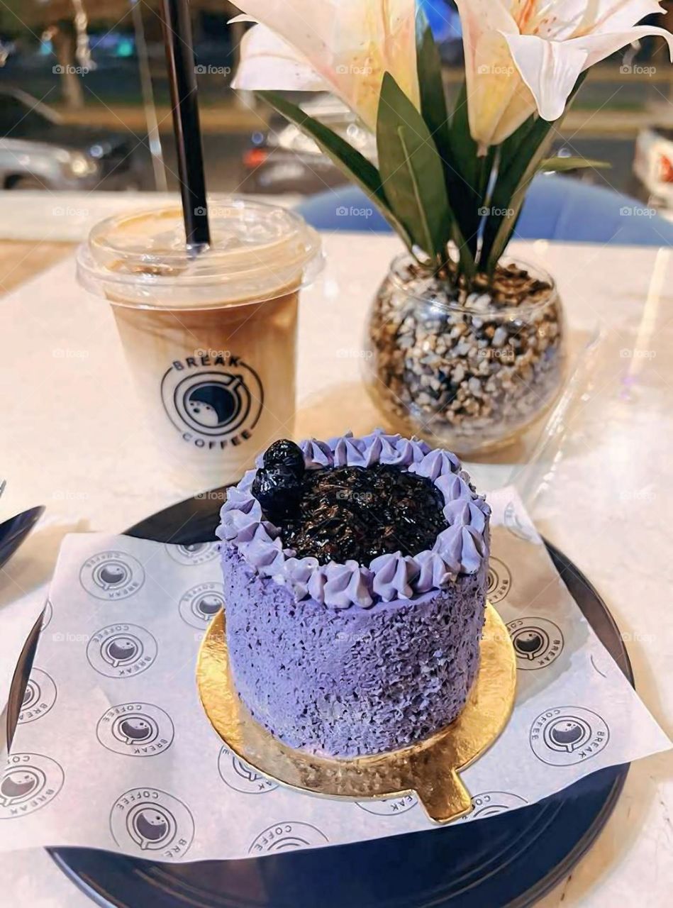 Purple Dessert Delight and Iced Coffee at Break Coffee