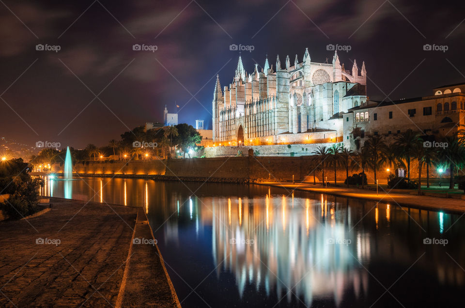 La Seu or The Cathedral of Santa Maria of Palma at night with illustration,  Mallorca