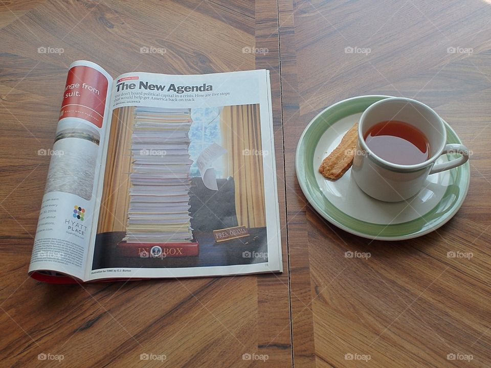 Magazine and cup of tea