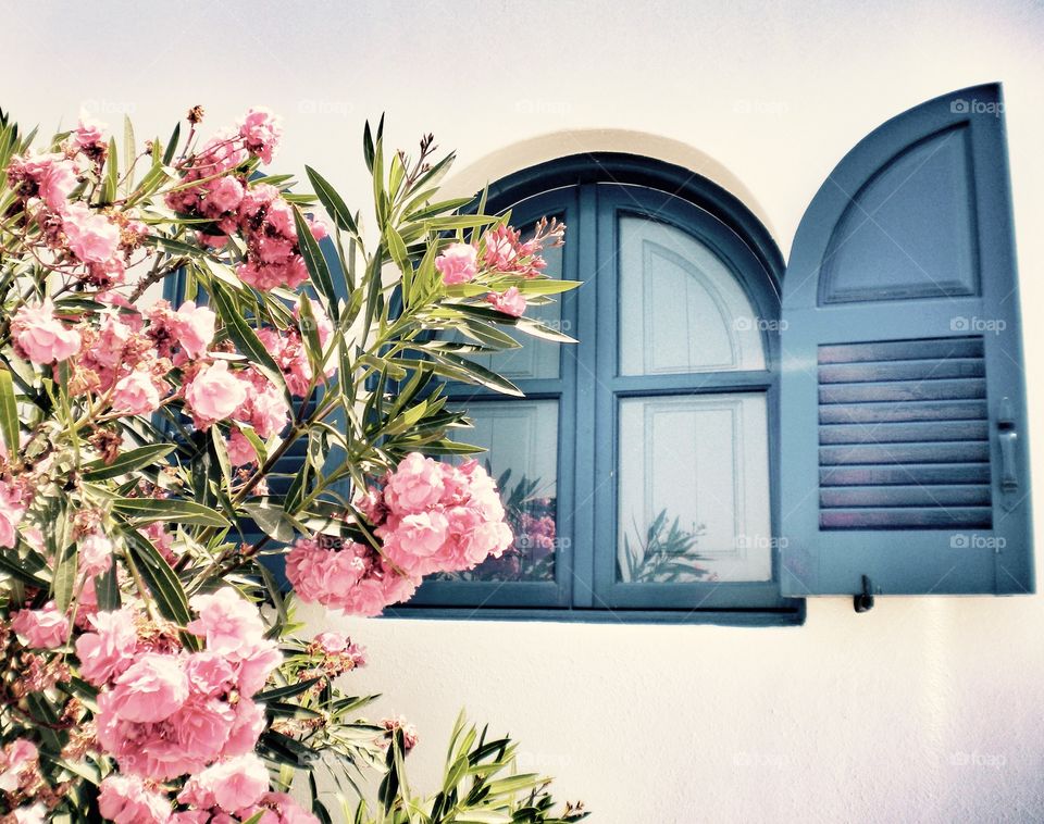 Window view Santorini Greece