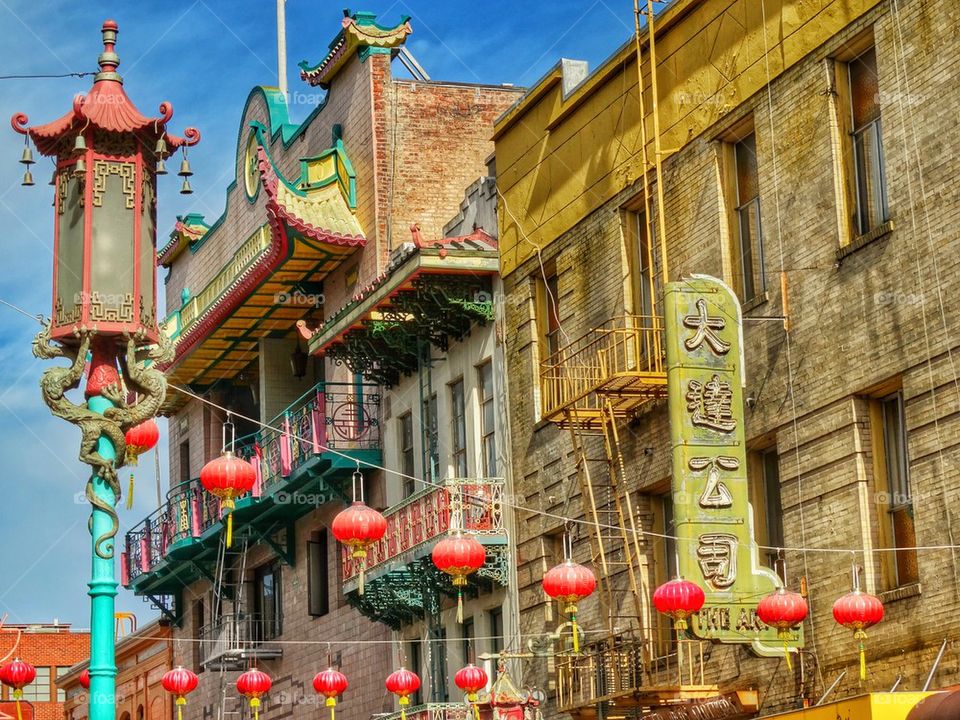 Chinese Red Paper Lanterns Hanging Over Street