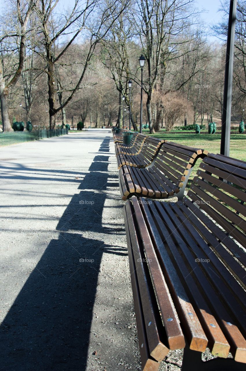 Benches and shadows perfectly aligned. Vilnius