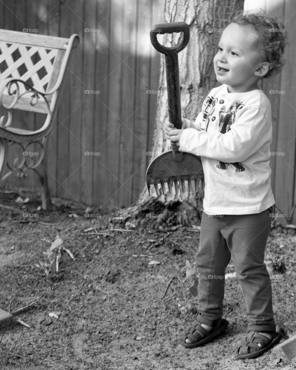 An adorable toddler boy playing with a toy rake in the yard on a sunny summer day. 