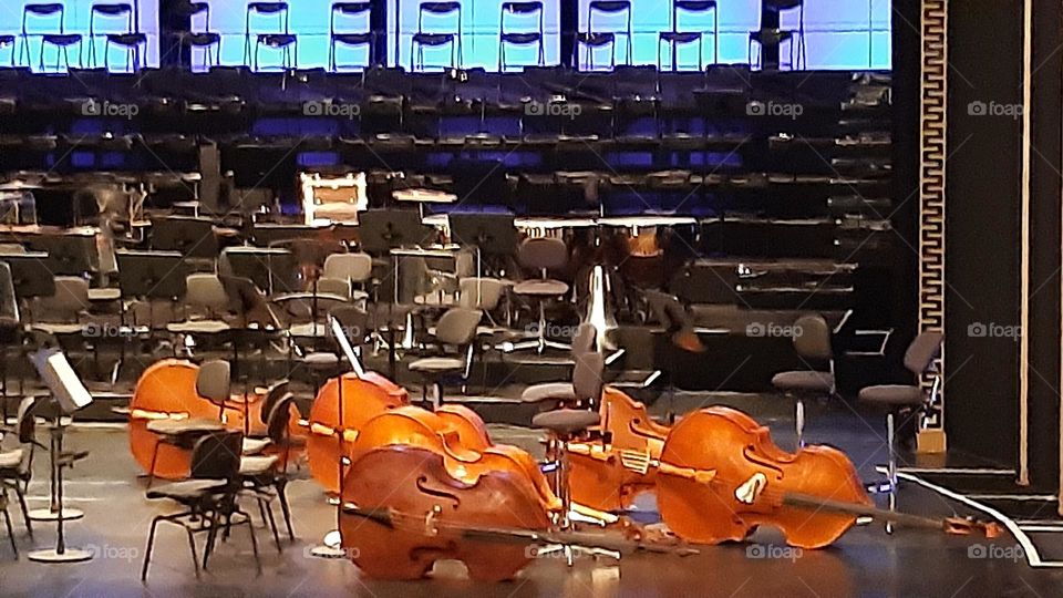 musical instruments - double basses are already waiting on stage before the concert