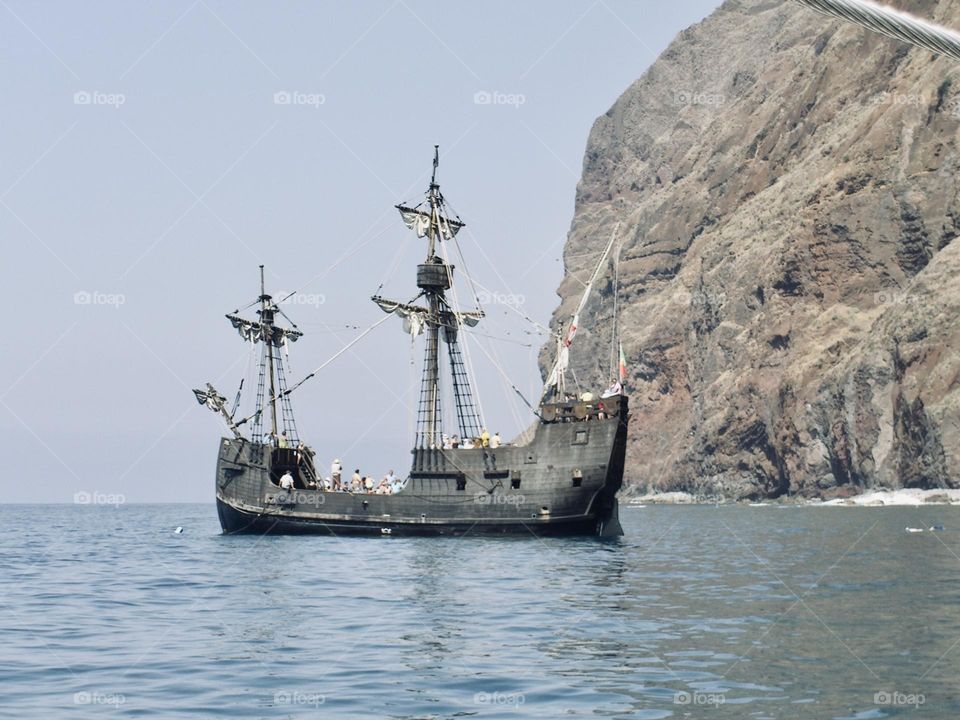 Pirates boat in the sea . 