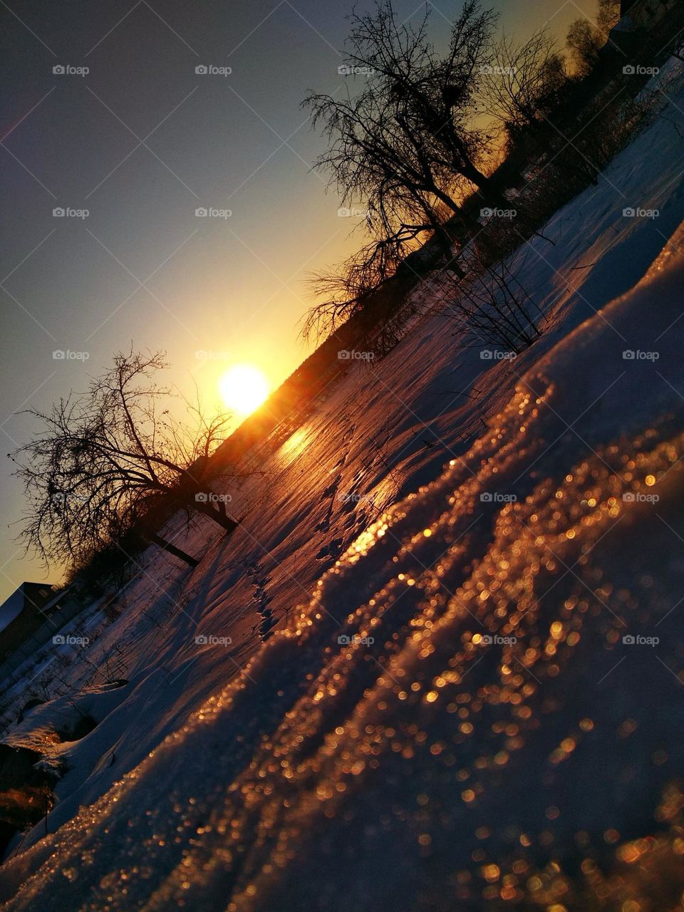 photo of snowy landskape at sunset. Snow reflects sunlight. Photo is in warm photos