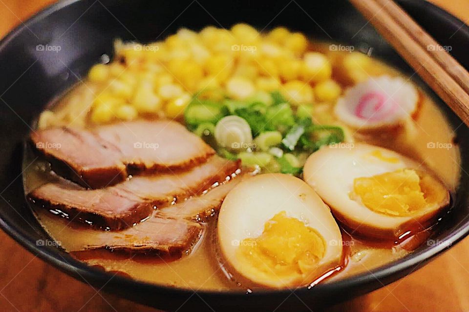 Bowl of ramen noodles close-up.