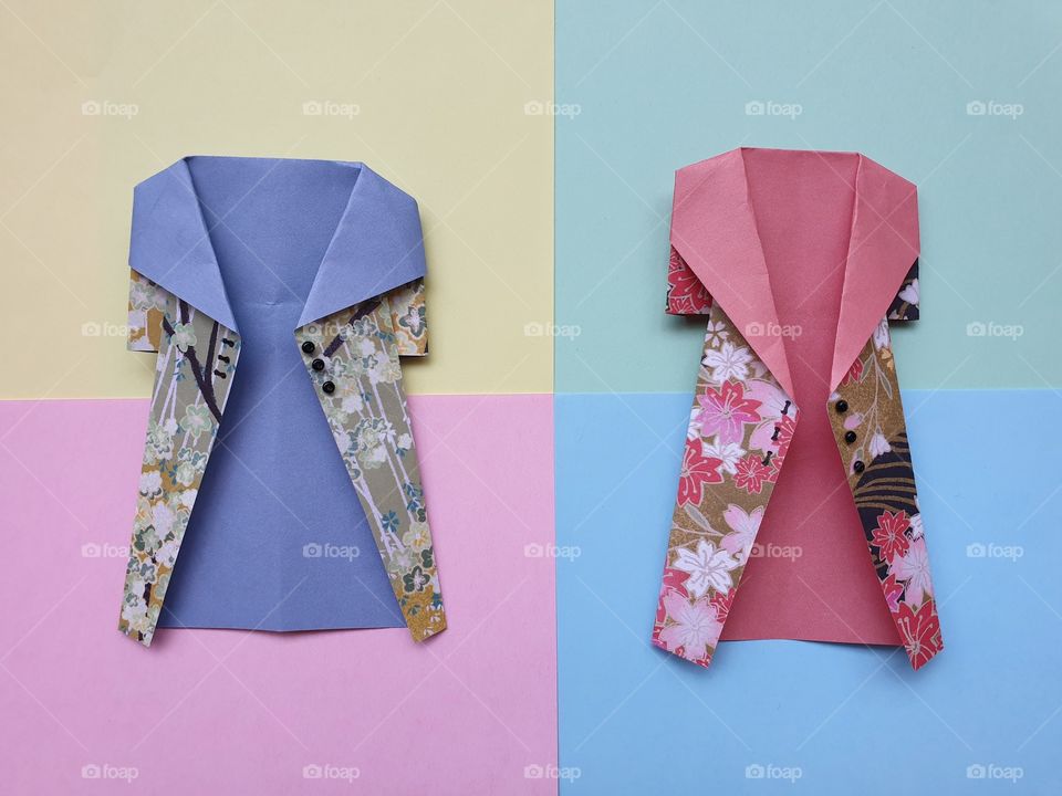 Paper work, clothes made of colored paper