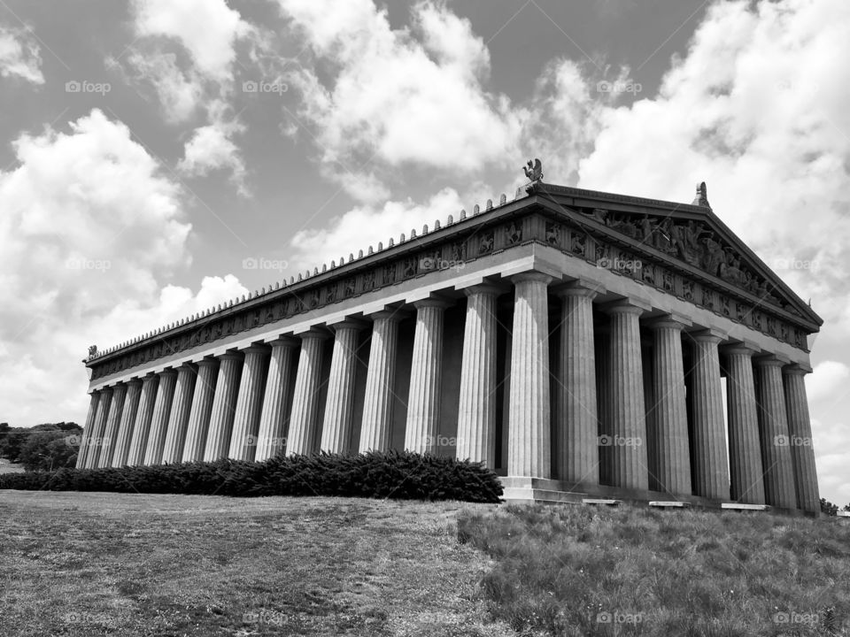 Black and white Parthenon with cloudy background