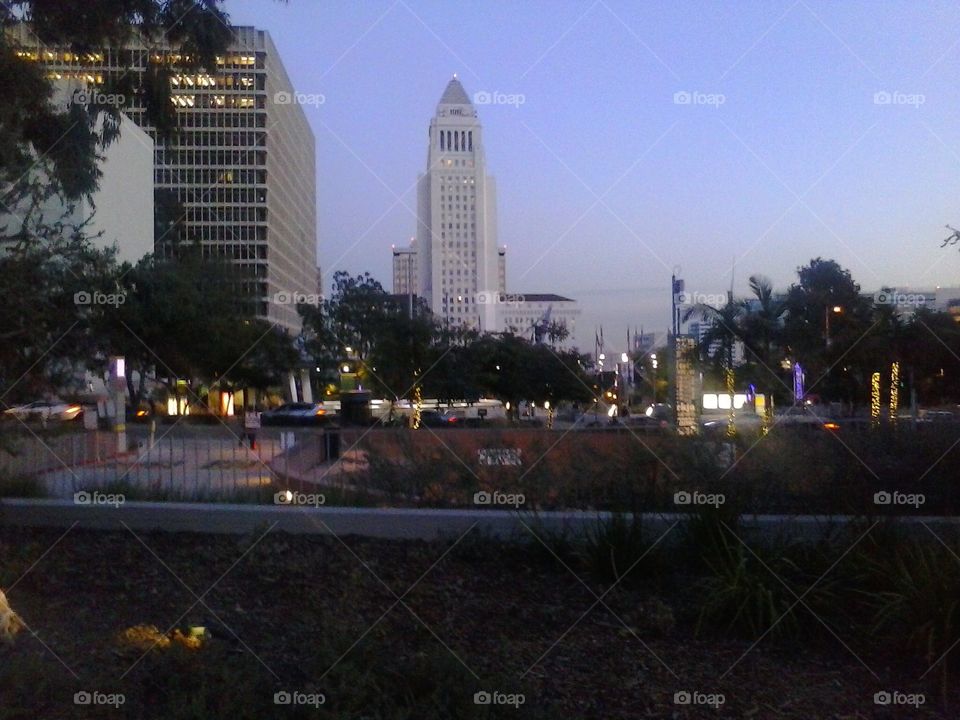 Los Angeles City Hall from a block away overlooking Grand Park.