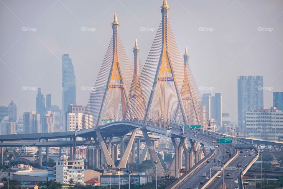 Traffic situation on the Bhumibol Bridge 2 when almost of company start work from home campaign in Bangkok Thailand