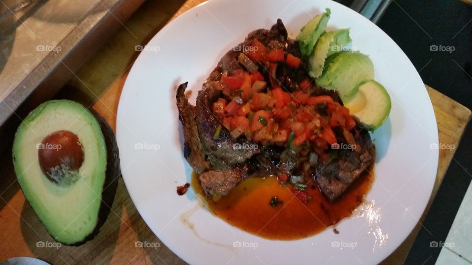 Liver with Pico de Gallo. Beef liver cooked in 9luve oil and topped with warmed Pico de gallo, and avocado slices.
