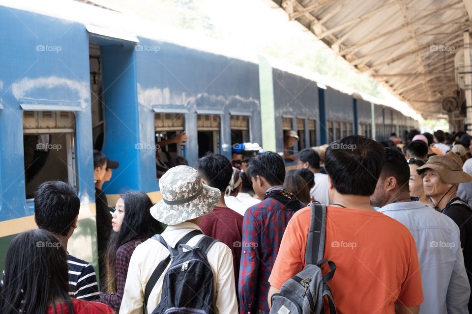 Rangoon/Myanmar-April 14 2019:Crowd People take train to travel in Myanmar New Year 