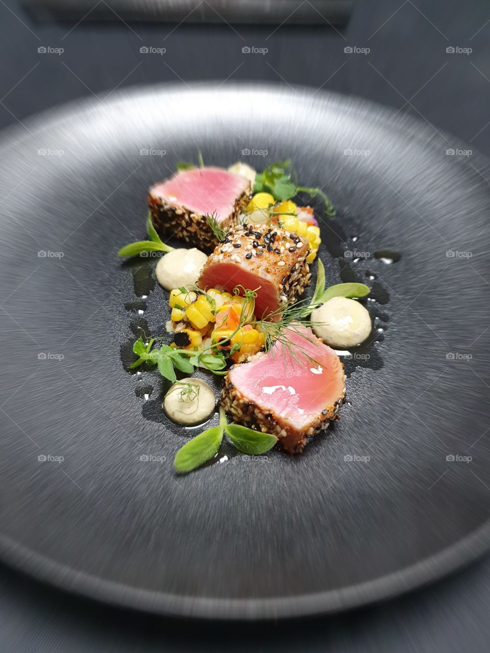 crusted tuna and corn