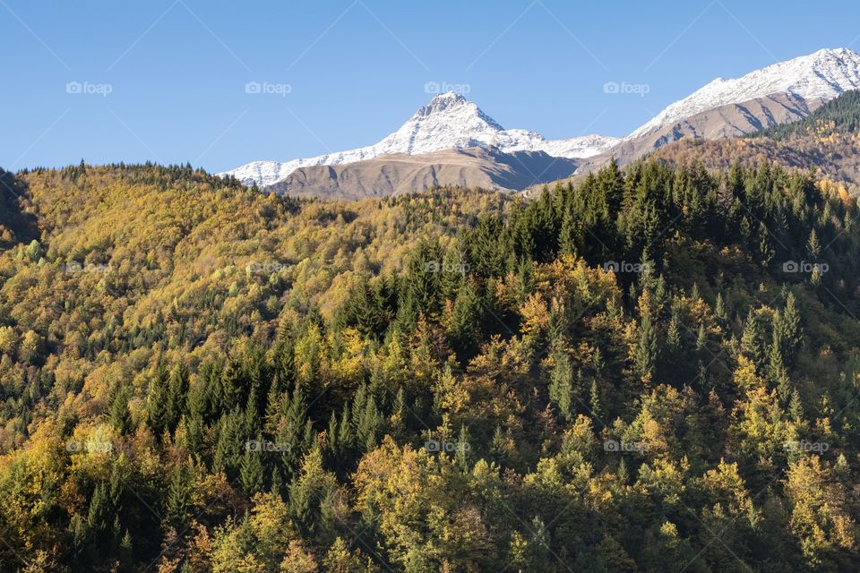 Colorful autumn scene of mountain scape along the way in Georgia 