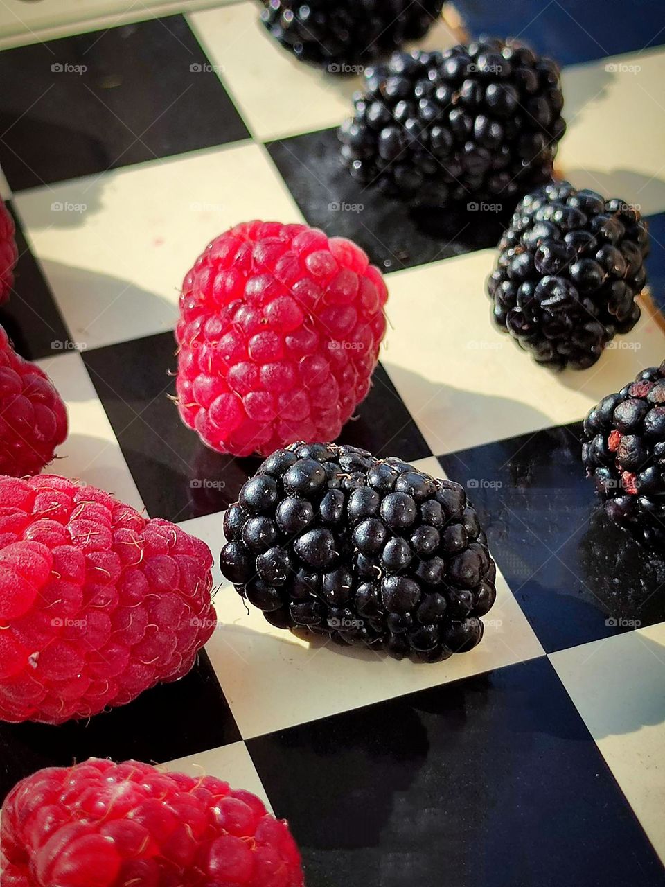 Summer treats. There are two types of berries on the chessboard: red raspberries and black blackberries. Contrast of color and taste