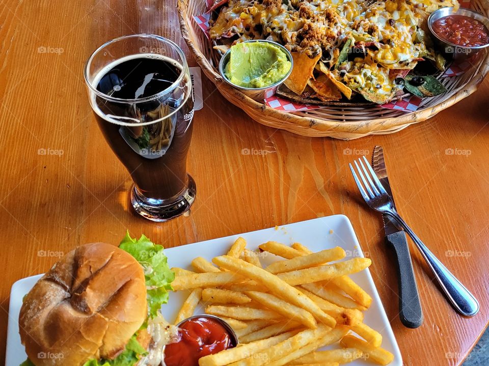 Eating Out, Nachos Burger Fries Beer