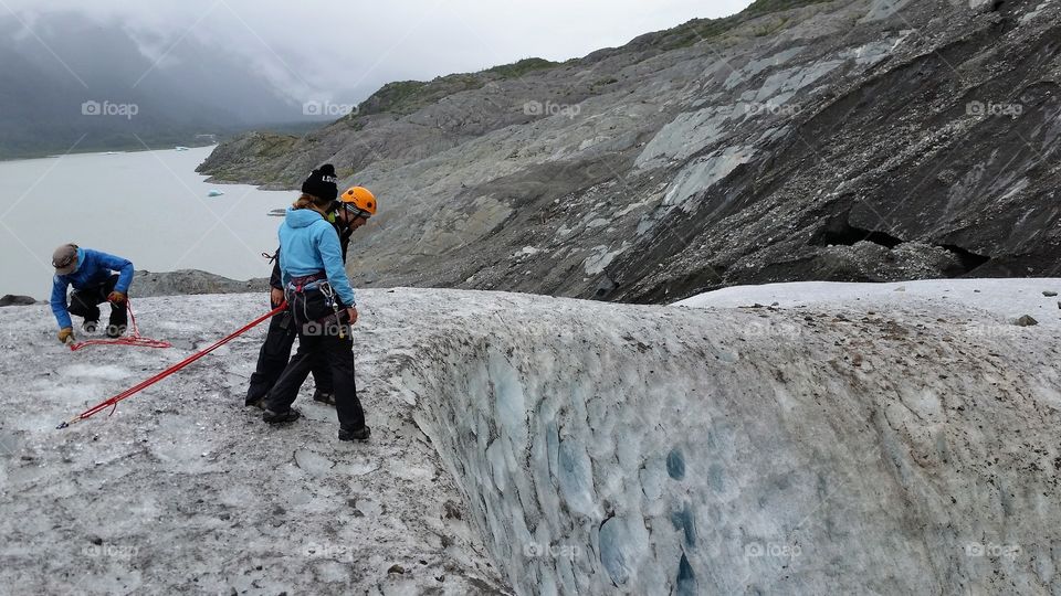 Looking down at crevasse