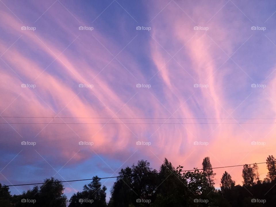 Waves of pink clouds cascading across the vast blue sky at dusk
