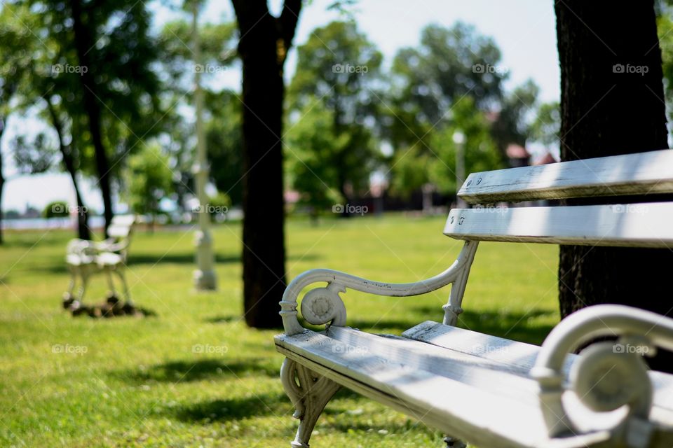 White iron bench at park