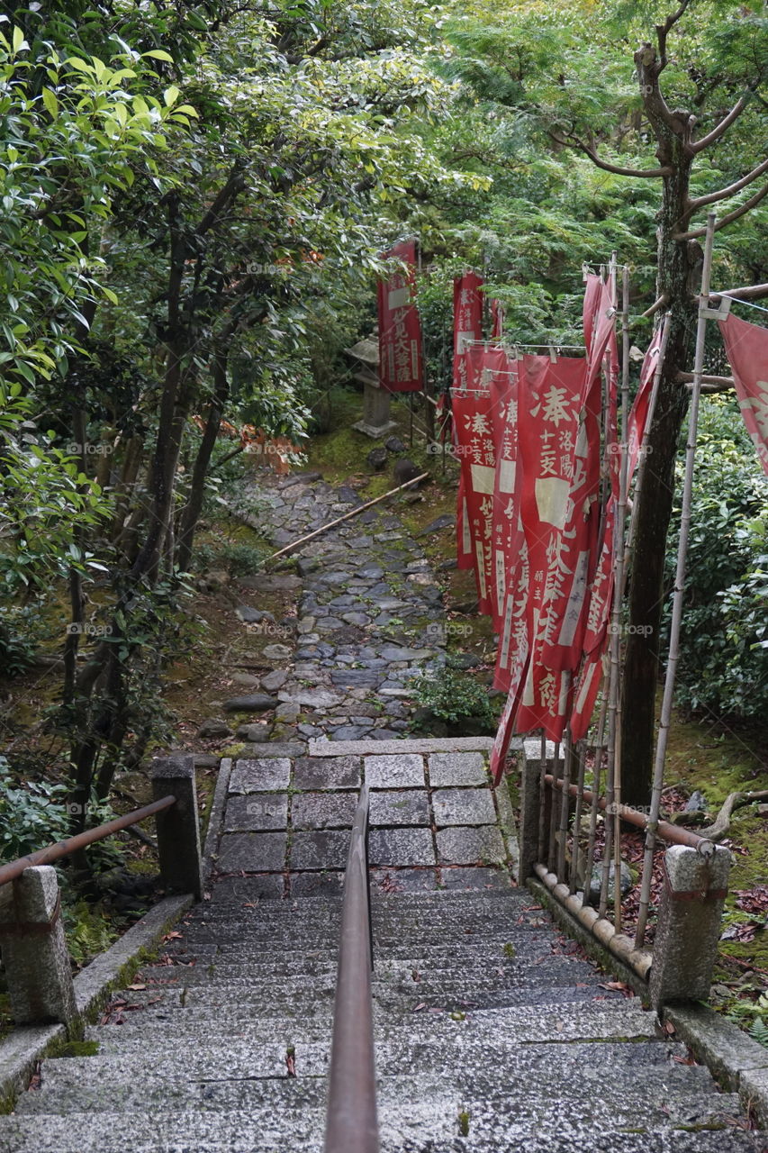 Path down the Fushimi inari with red flags