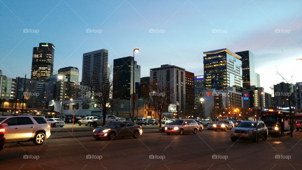 An action shot of Denver, CO in the early evening.