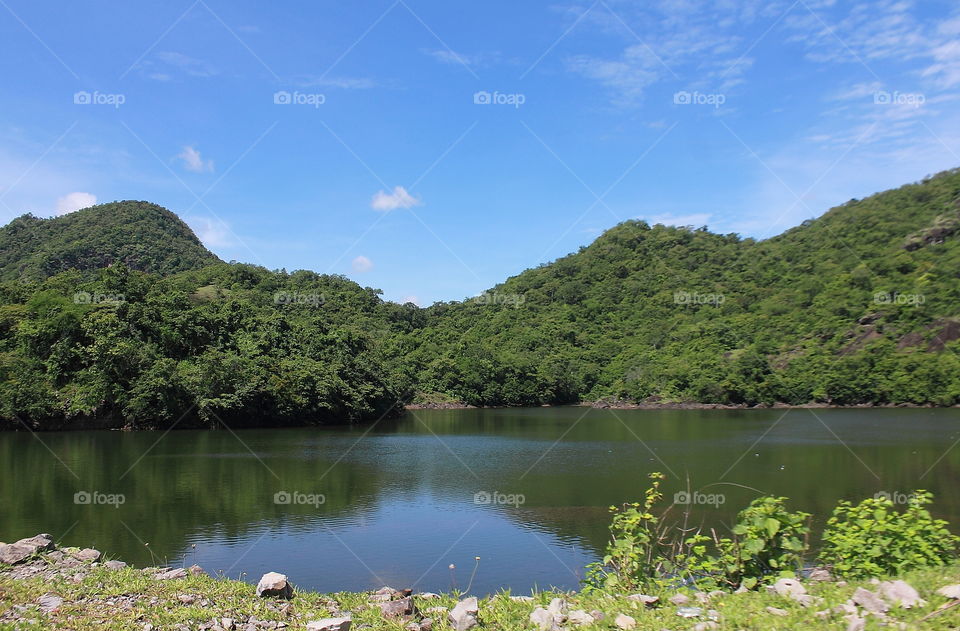 Angle viewed. Beauty lake, DAM of local tourism destination at sumbawa , Indonesia. As way reason visit on the wet season where's green shown for the hill, and the blue sky of course.