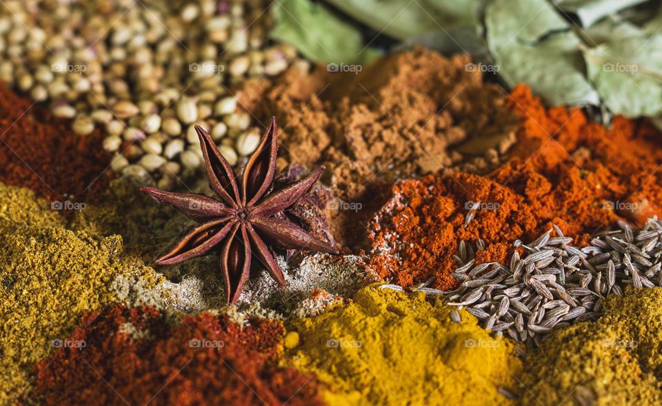 Selection of spices, seeds and leaves