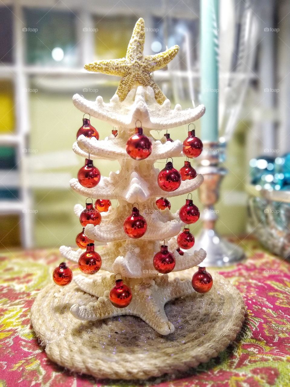 mini star fish Christmas tree with red shiney brite balls