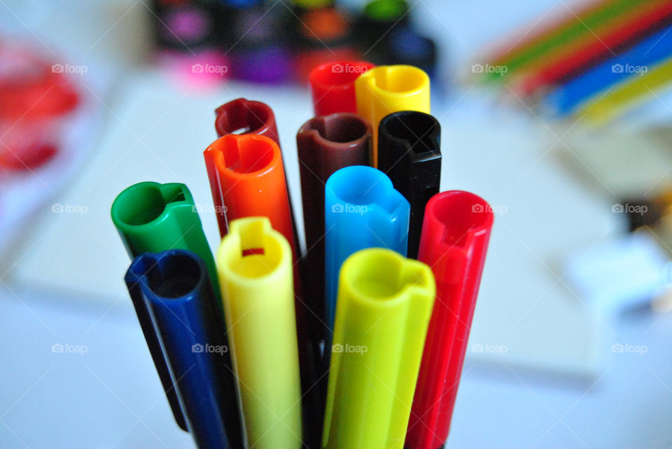 Colored brush pens, colored markers, Art supplies, colored pencils, paintbrushes, paint, sketch book, watercolor pad, palette