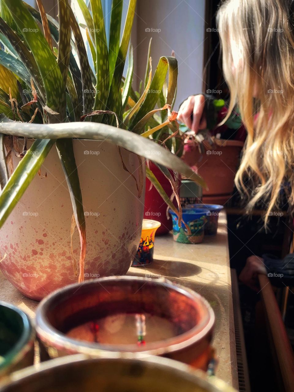 Potted plants on a windowsill tended by a woman with long blonde hair