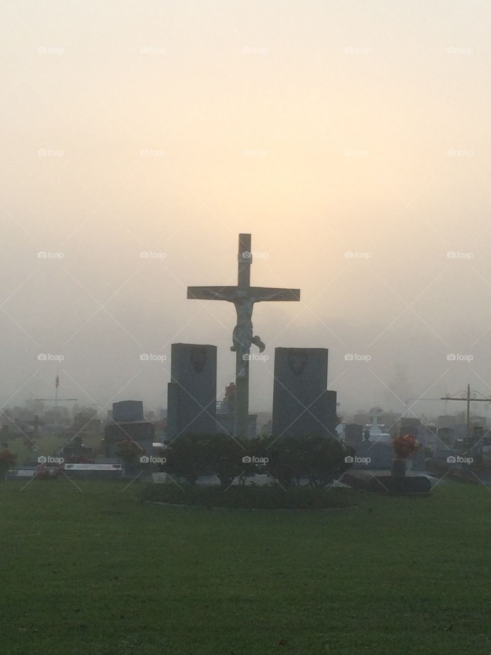 Foggy morning over cemetery 