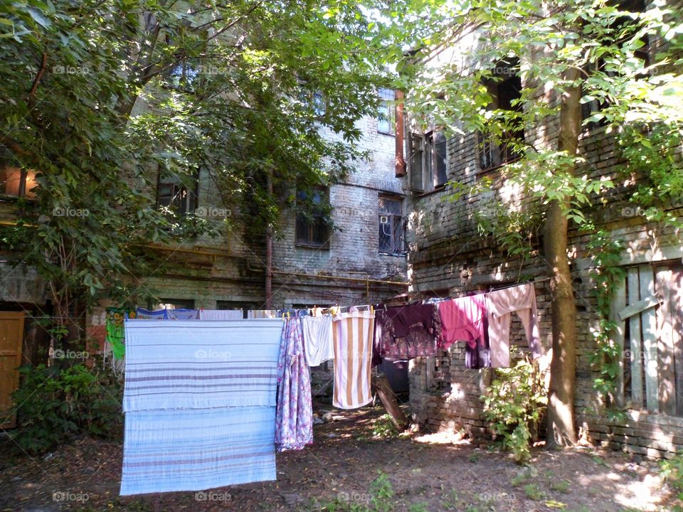 Drying clothes in an old courtyard in Podil in Kiev