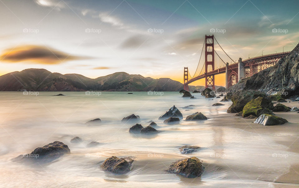 Golden Gate Bridge from Marshall’s beach at sunset