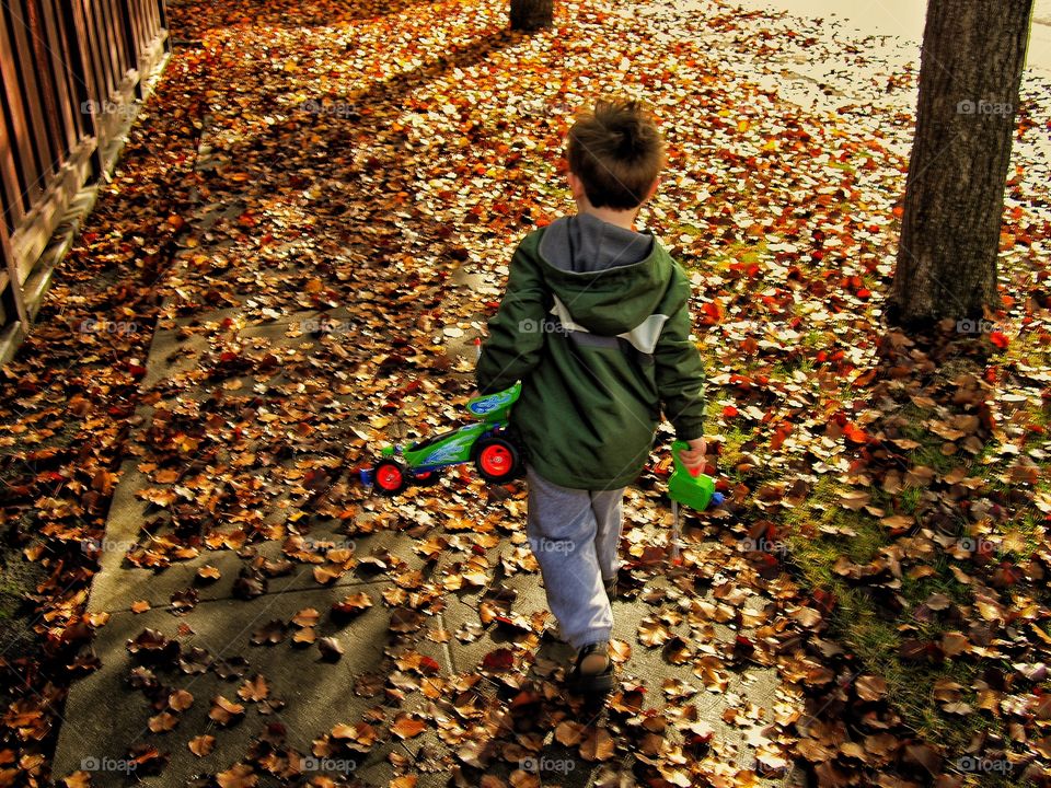 Boy Walking Through Autumn Leaves
