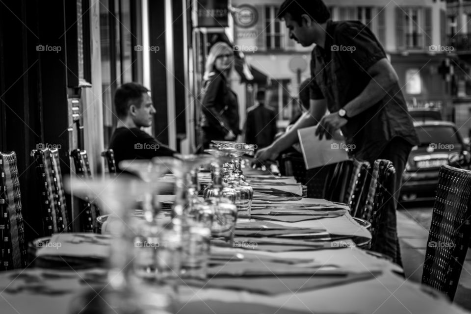 Paris cafe. black and white of a typical cafe in Paris, France.