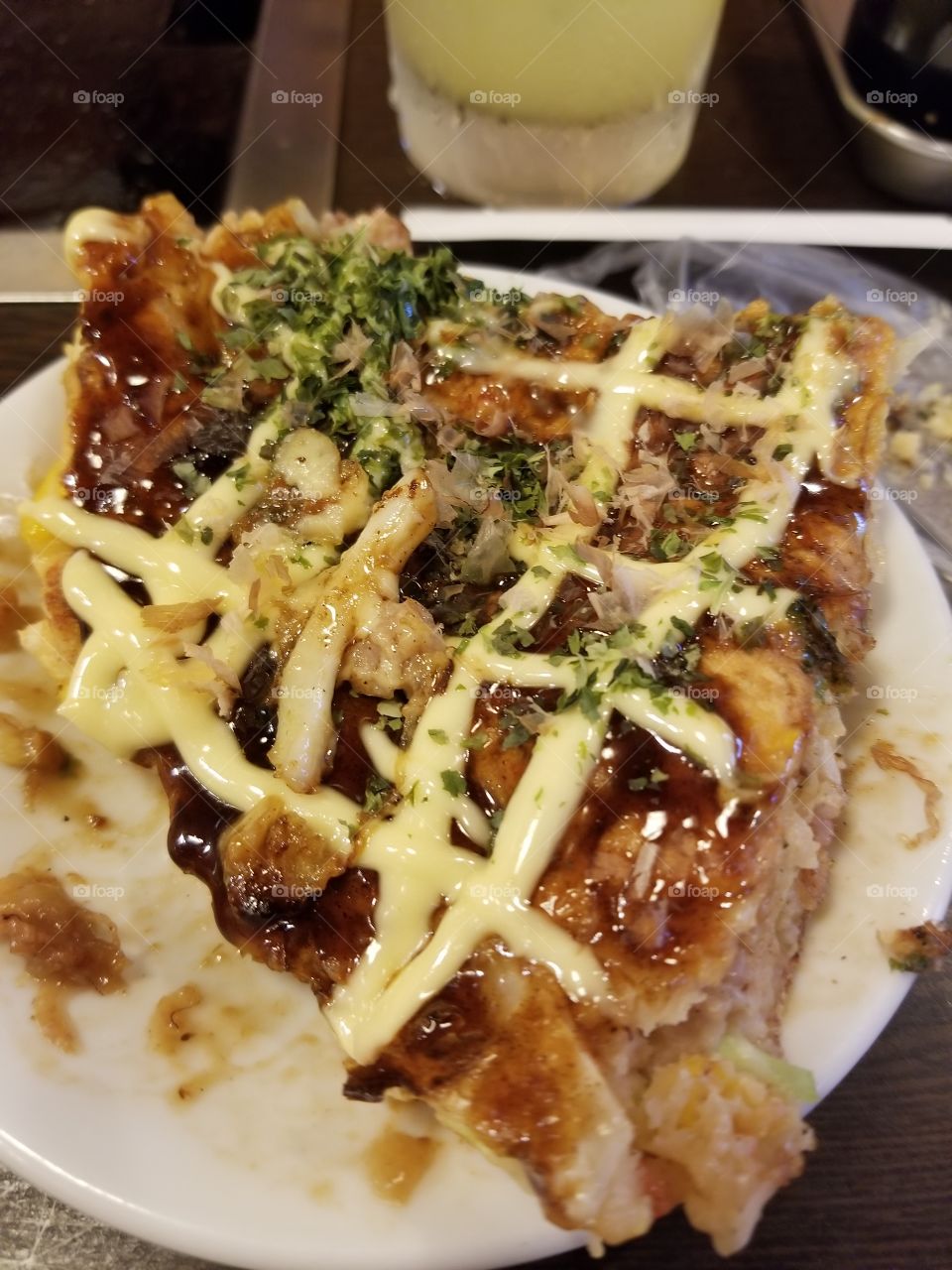 close up shot of okonomiyaki slice