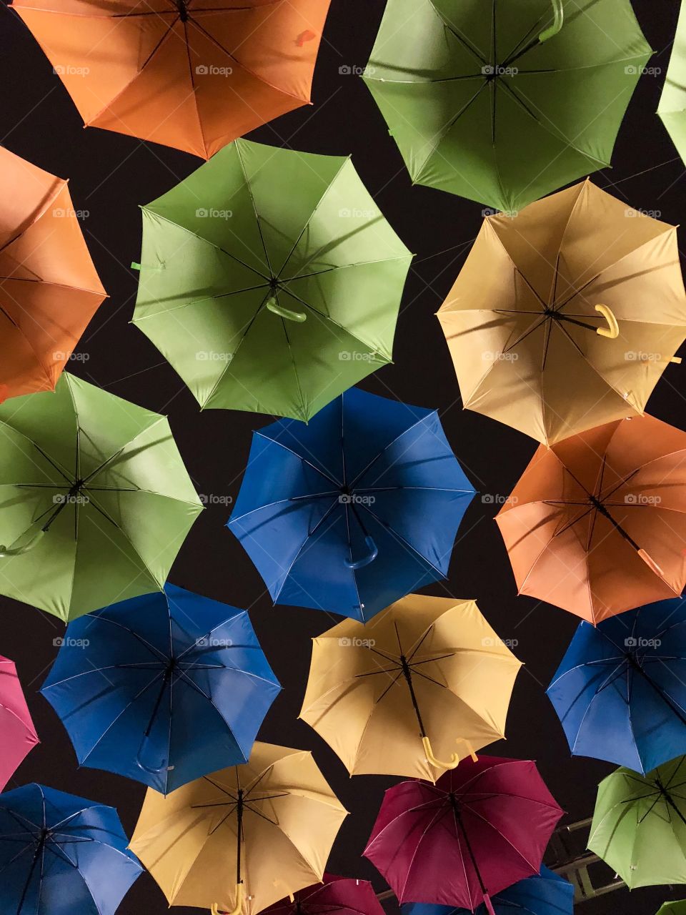 Multi colored umbrellas hanging seen from below 