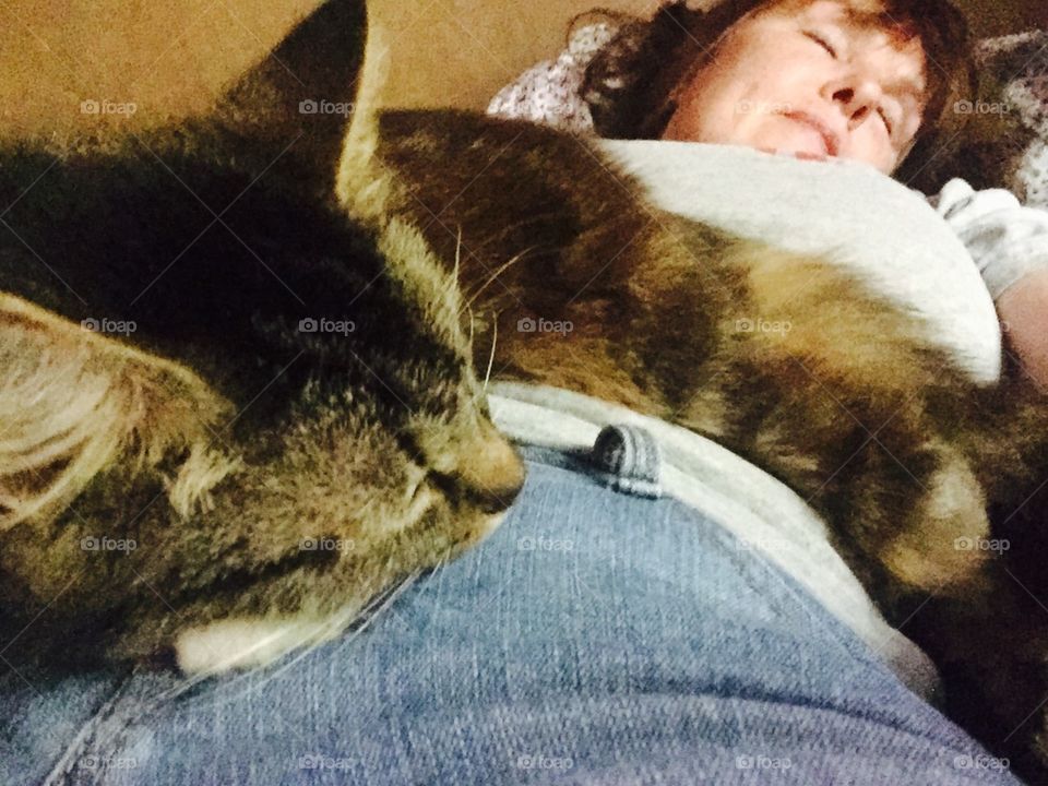 Woman relaxing with her sleepy cat. Neither want to get up!