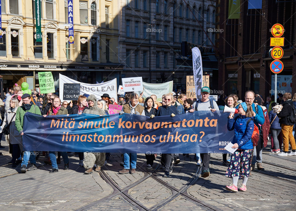 Helsinki, Finland - April 6, 2019: March and demonstration against climate change (Ilmastomarssi) in downtown Helsinki, Finland attended by more than 10000 people.