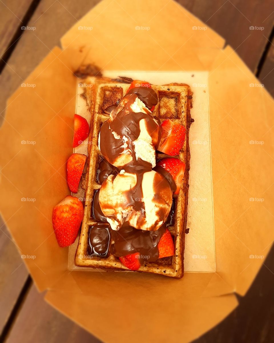 waffles with strawberry and ice-cream