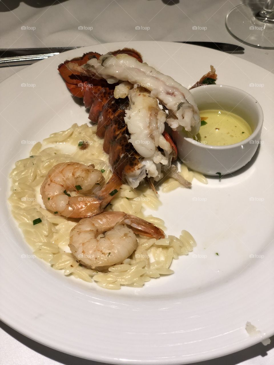 Carnival Sunshine Cruise Dinner during our vacation. Lobster and shrimp 